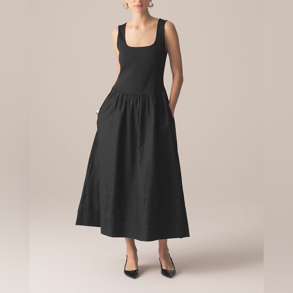 NWT J.Crew Drop-waist mixy dress Black Large Midi Preppy Casual Flowy Cotton
